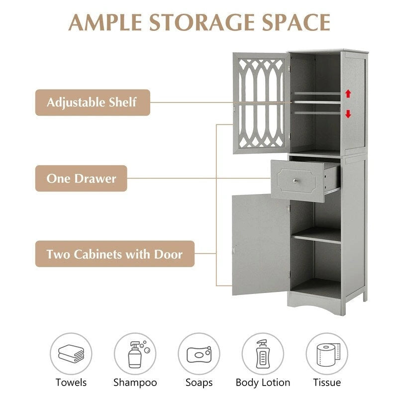 MDF Board 63.8 Tall Bathroom Tower Cabinet, Freestanding Bathroom Storage Cabinet with Drawer and Acrylic Door