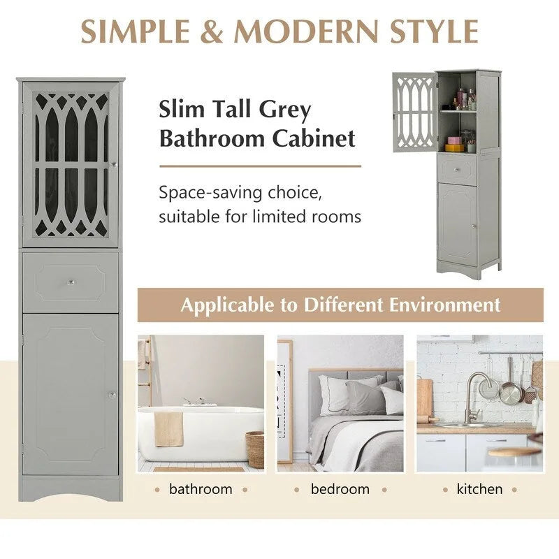 MDF Board 63.8 Tall Bathroom Tower Cabinet, Freestanding Bathroom Storage Cabinet with Drawer and Acrylic Door
