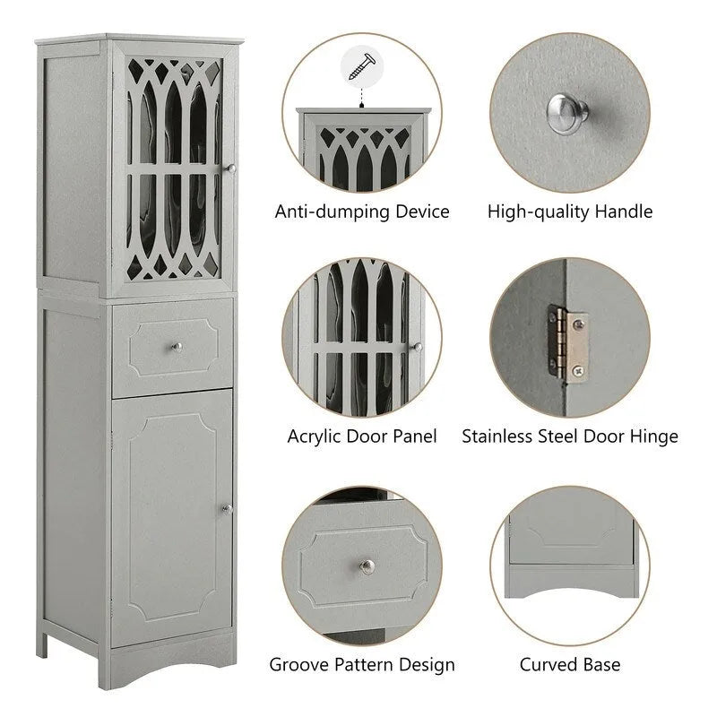 MDF Board 63.8 Tall Bathroom Tower Cabinet, Freestanding Bathroom Storage Cabinet with Drawer and Acrylic Door
