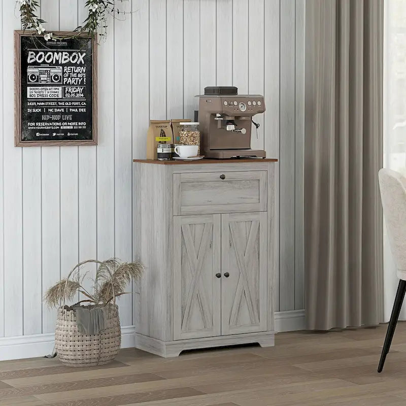 Farmhouse Barn Door Accent Cabinet, Kitchen Sideboard Storage Cabinet with Double Doors, Drawer, and Adjustable Shelf
